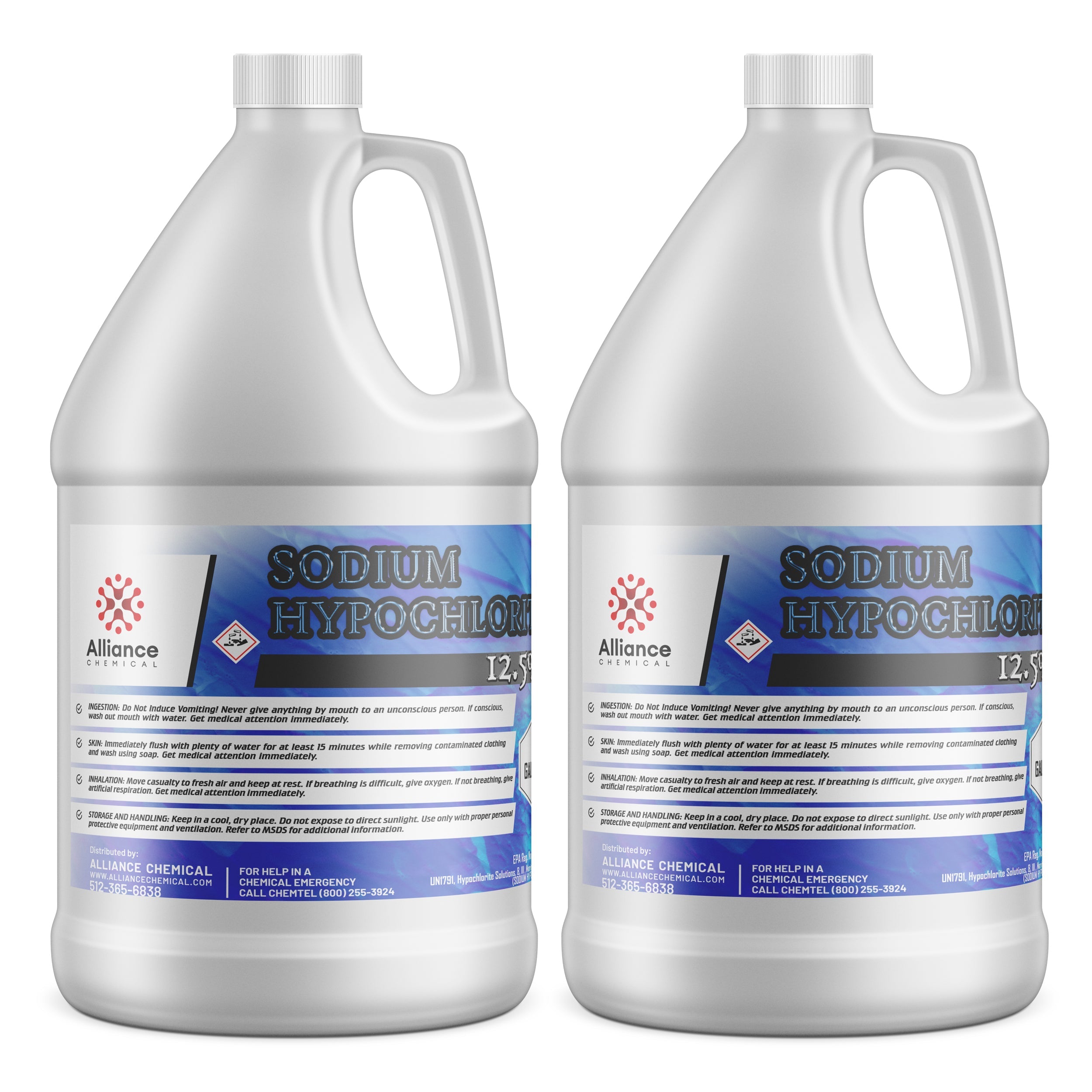 1-gallon HDPE jugs of Alliance Chemical 12.5% sodium hypochlorite solution with safety warnings, hazmat symbols, and blue gradient labeling.